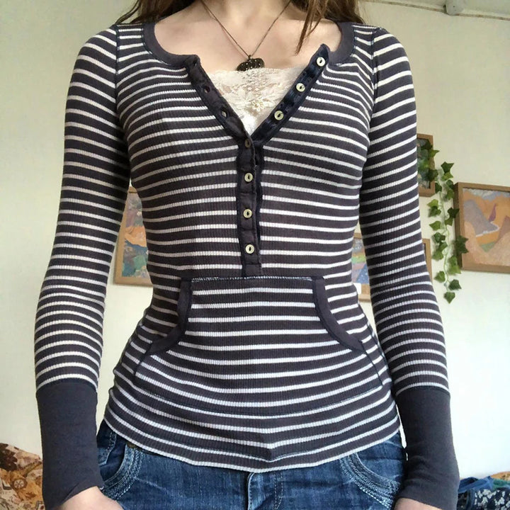 Vintage T Shirt Black Grey Striped V Neck Long Sleeve Jumper Tops