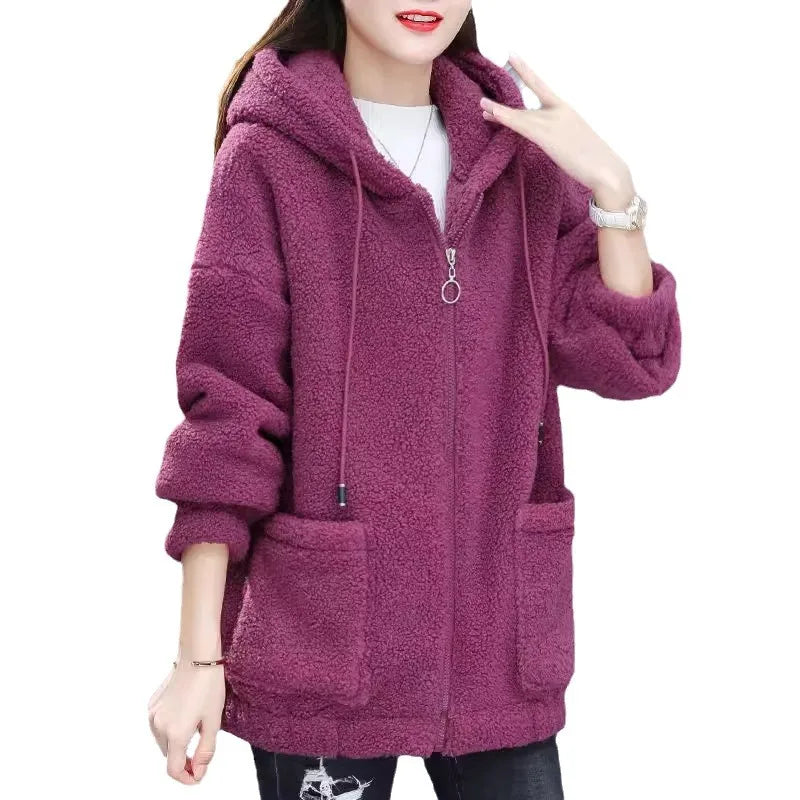 Women's Hooded Coat Chic Fleece Thick Solid Color Coat with Pockets