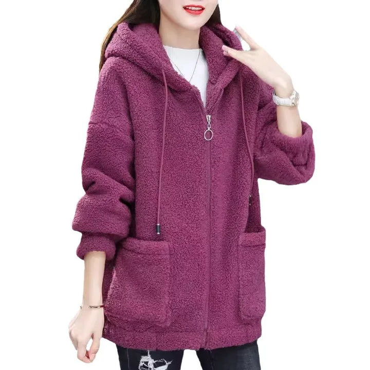 Women's Hooded Coat Chic Fleece Thick Solid Color Coat with Pockets