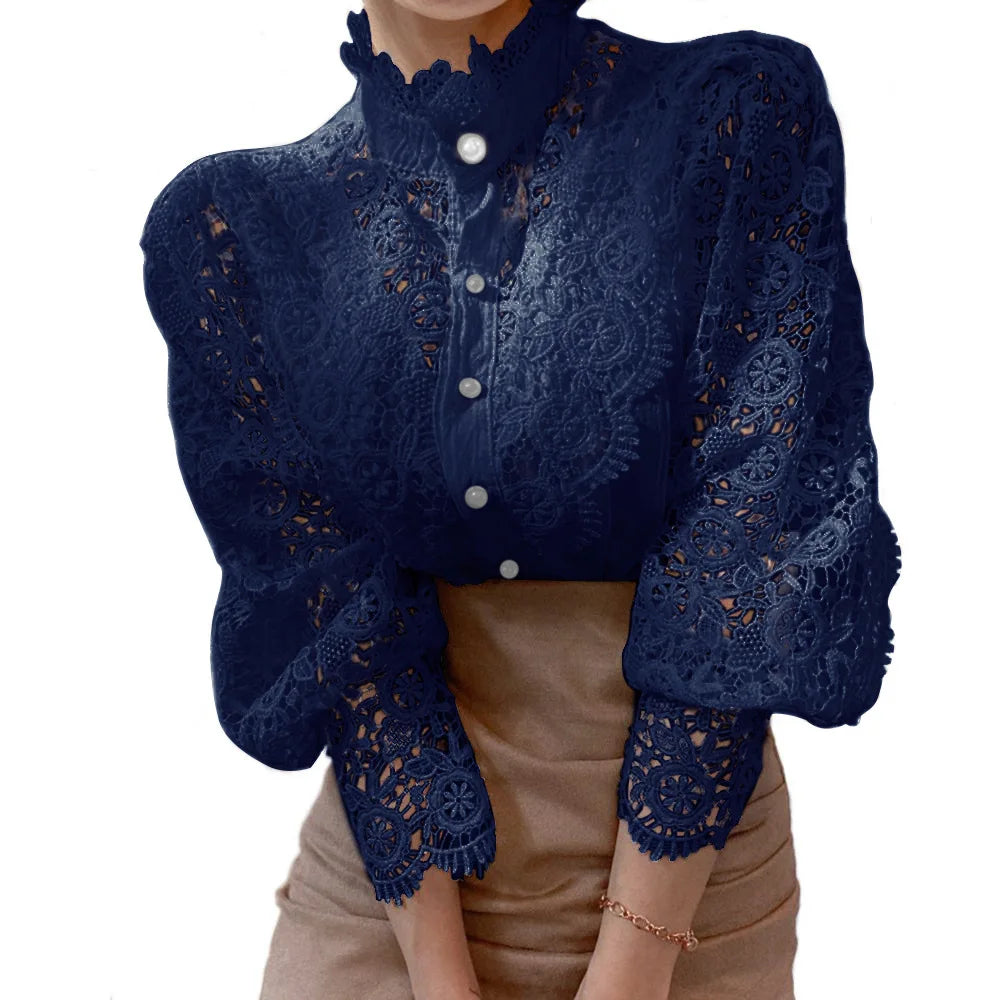 Elegant Lace Tops Embroidery Hollow Out Solid Tunic Blouse