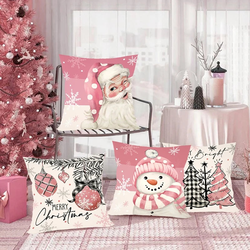 4 pcs. Pink Christmas Snowman Pillowcase