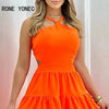 Women Elegant Sleeveless Criss Cross Midriff Mini A- Line Cascading Ruffles Dress-Bennys Beauty World