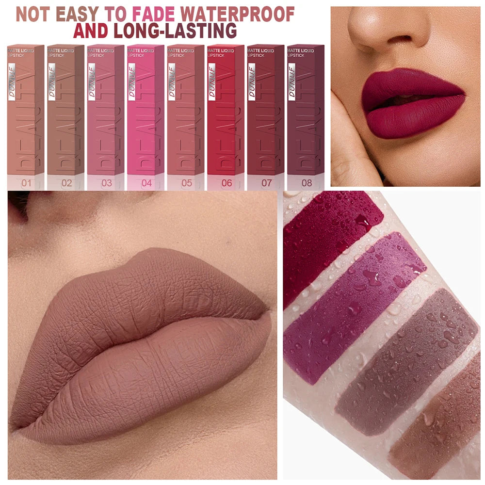 Matte Lip Gloss 8pc/set: Waterproof Lipstick Moisturizing Long Lasting Non-Stick Cup, Nude, Y2K Christmas Valentine&