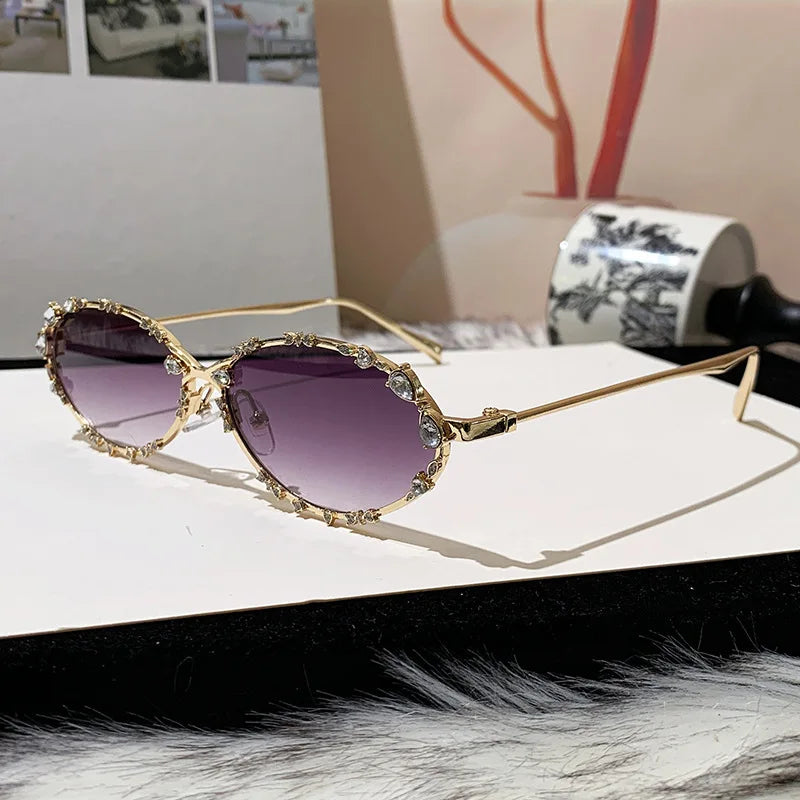 Rhinestone Oval Sunglasses | UV400 Luxury Diamond Metal Frame