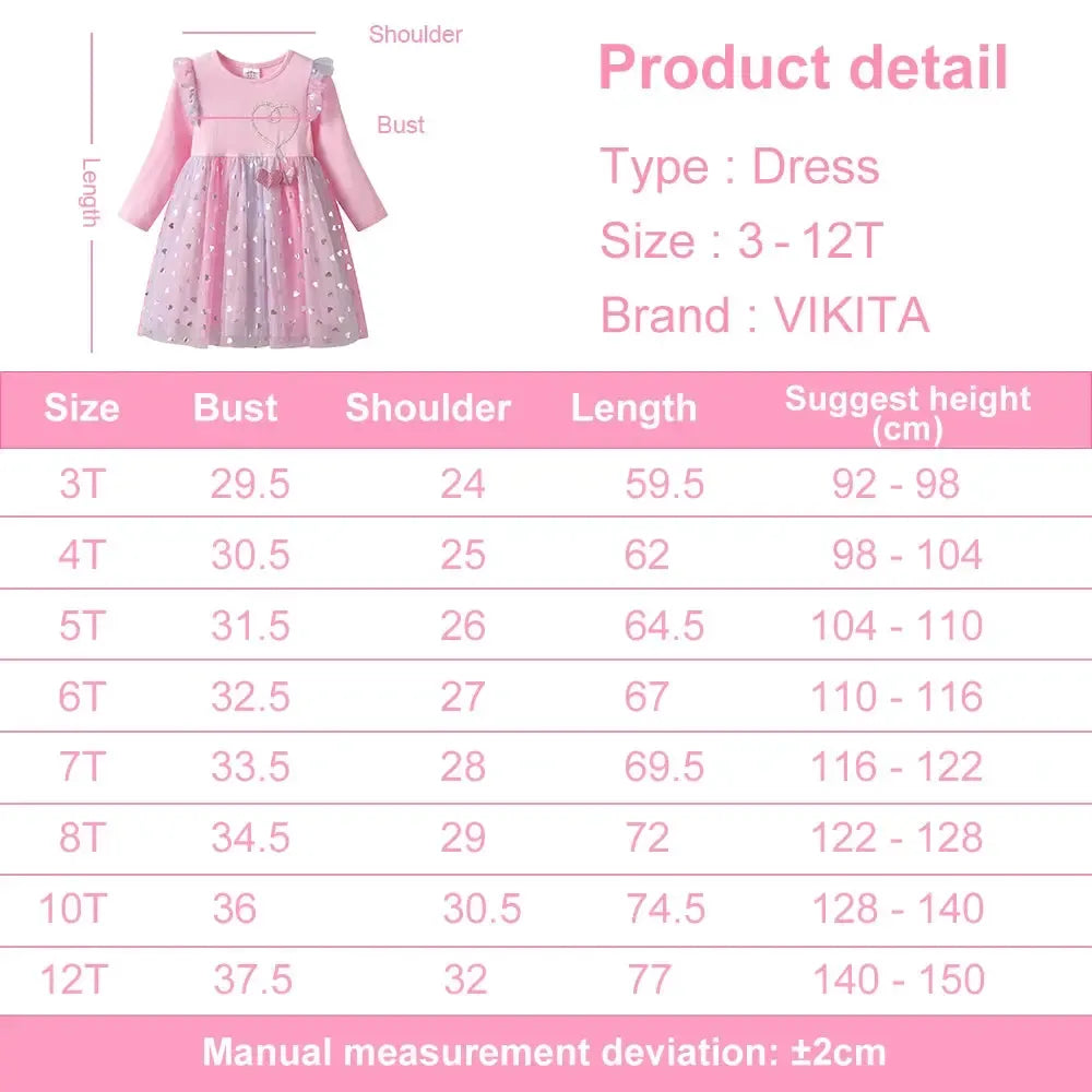 VIKITA Girl Flare Sleeve Autumn Spring Pink Dress Kids Heart Shape Mesh Tulle Princess Party Casual Cute Fashion Gradient Frocks-Bennys Beauty World