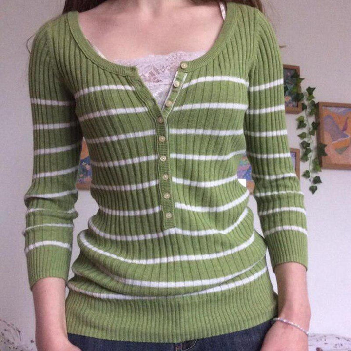 Vintage Knitted Sweater Cutest V Neck Long Sleeve Stripe Jumper-blouse-Bennys Beauty World