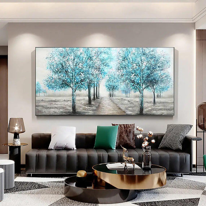 Hand Painted Textured Blue Tower Tree Oil Painting on Canvas Abstract Teal Life Tree Landscape Acrylic Painting Modern Wall Art-Arlik interiors