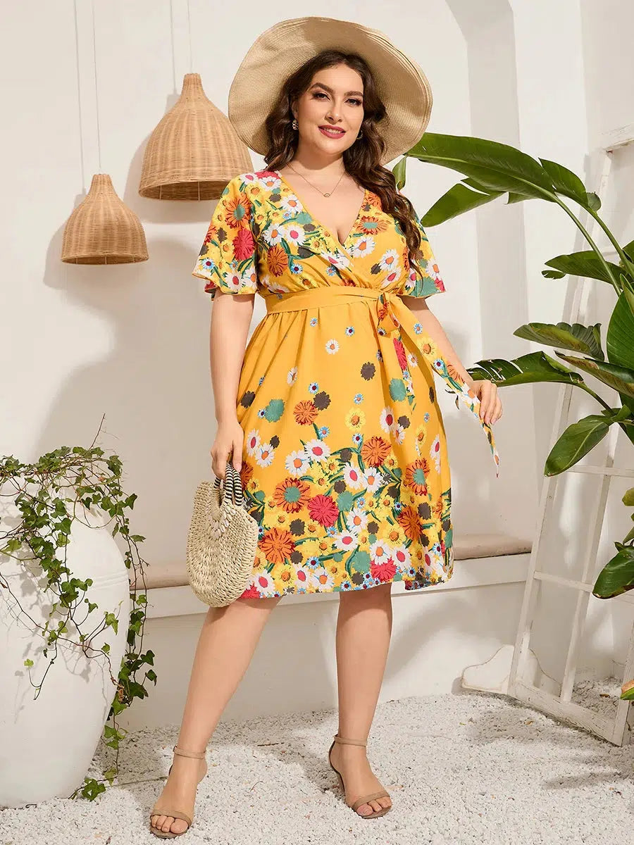 Midi Dress For Women Summer V Neck Floral Print Dress-Dresses-Bennys Beauty World