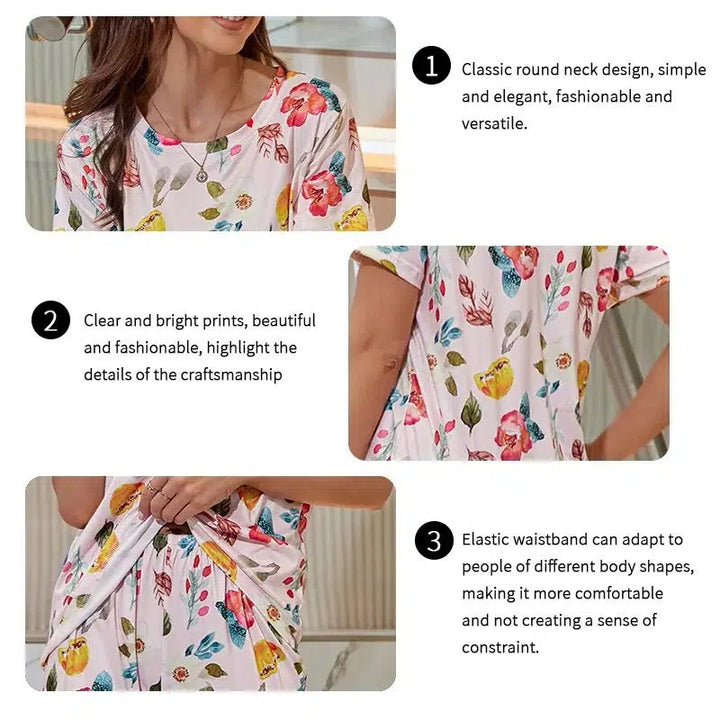 Womens Short Sleeve Pajama Sets Floral Print Top And Long Pants Sleeepwear-pajamas-Bennys Beauty World