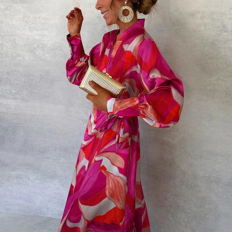 Ladies Fashion Printed V-neck Office Dress-Dresses-Bennys Beauty World