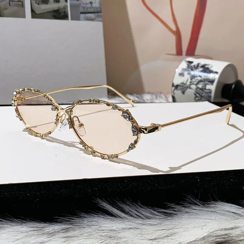 Rhinestone Oval Sunglasses | UV400 Luxury Diamond Metal Frame