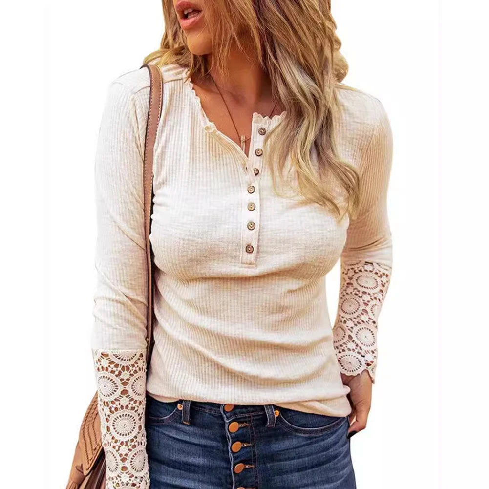 Women Long Sleeve Round Neck Solid Stitching Lace Loose T-shirt for Spring