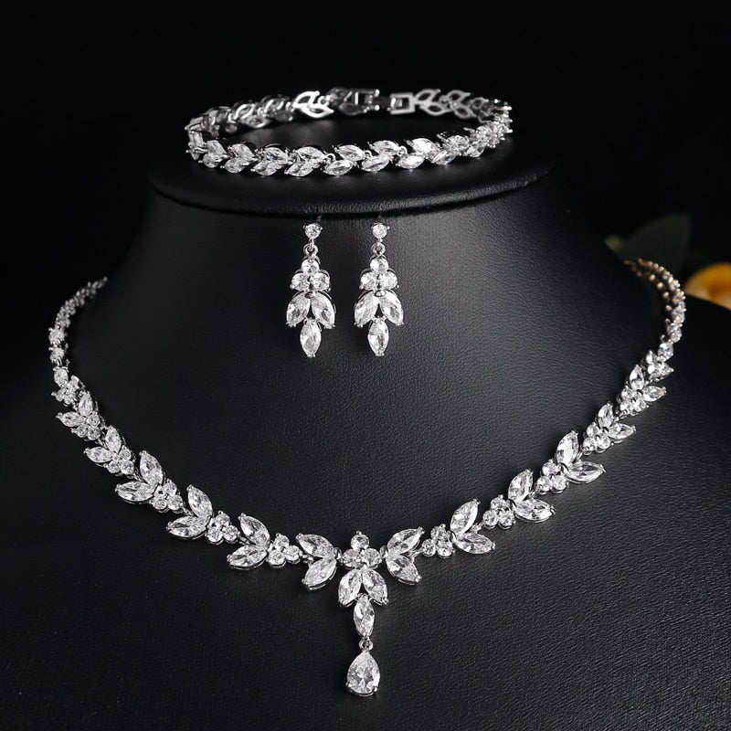 Zirconia Leaf Necklace Earrings Rings Bracelets Set for Women-necklace-Bennys Beauty World