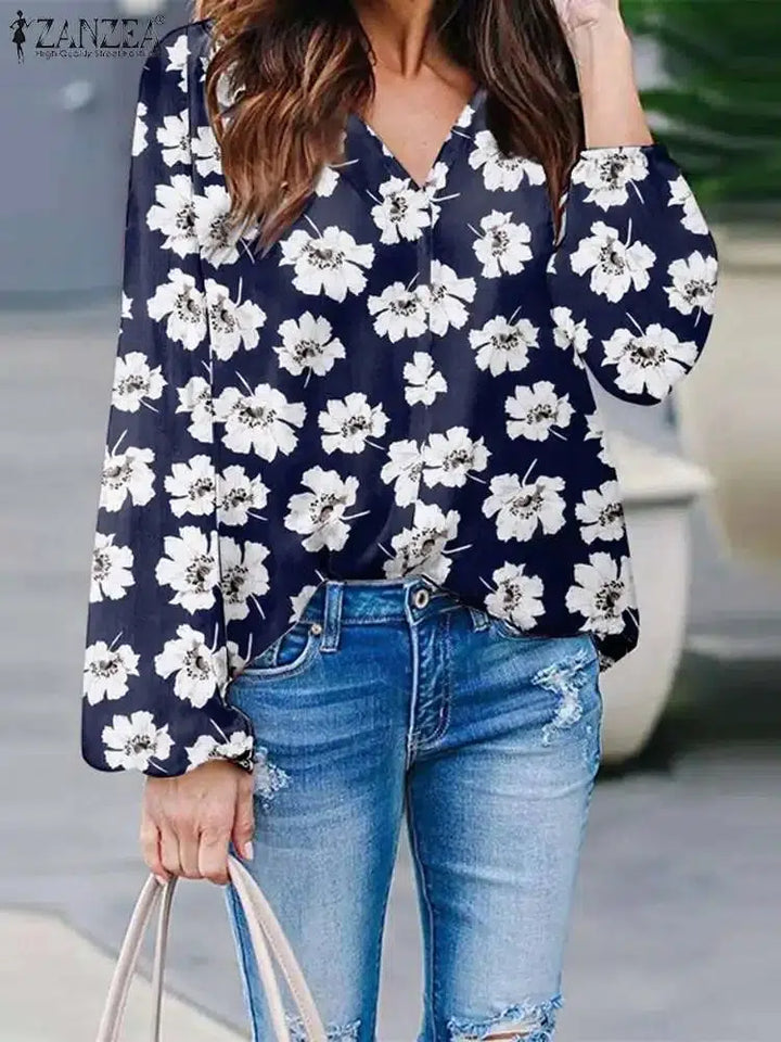 ZANZEA Women Flower Printed Blouse 2023 Summer Long Sleeve Tunic Fashion V-neck Shirt Oversized Holiday Beach Tops Streetwear-Bennys Beauty World