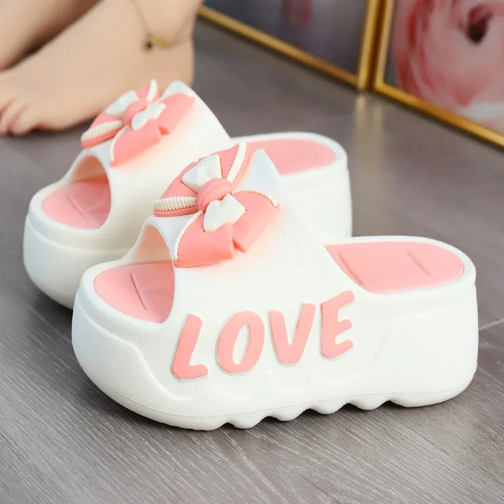 White Pink Bow-knot Slippers Woman High Platform EVA Slides
