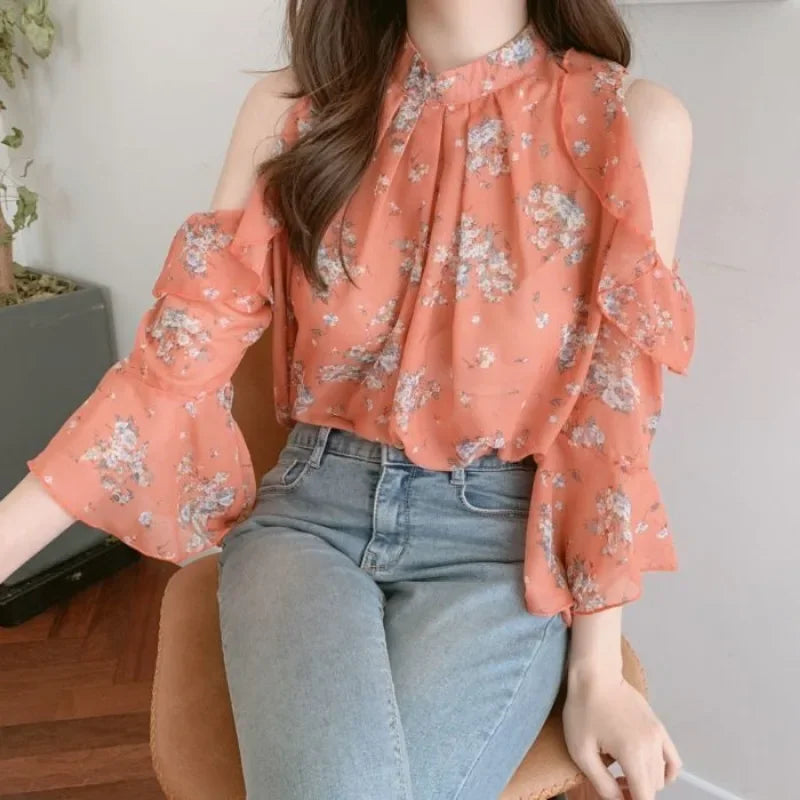 Floral Chiffon Shirts & Blouses For Women Off Shoulder Women's Top-Blouse-Bennys Beauty World