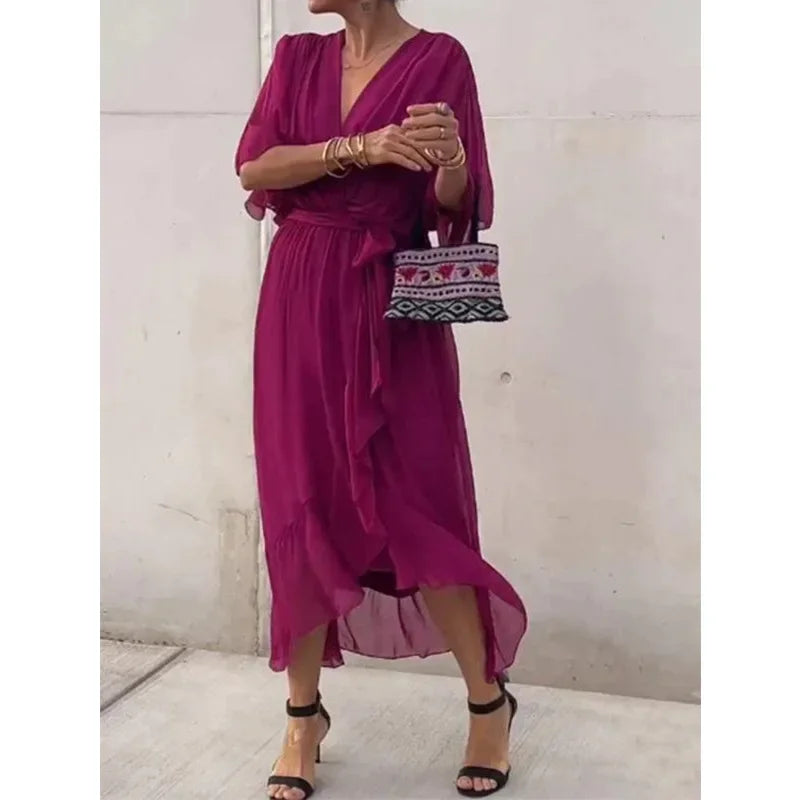 Women's Summer Dresses Solid Color Bat Sleeves Long Dress-Dresses-Bennys Beauty World