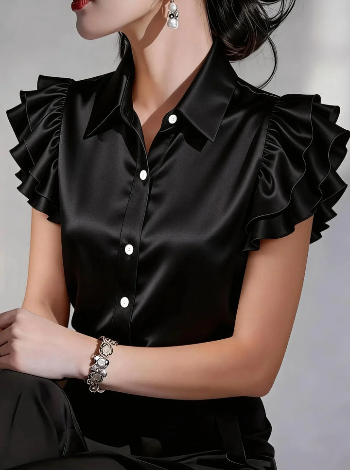 Women's Satin Button-Down Blouse – Ruffle Sleeve Collared Office Shirt