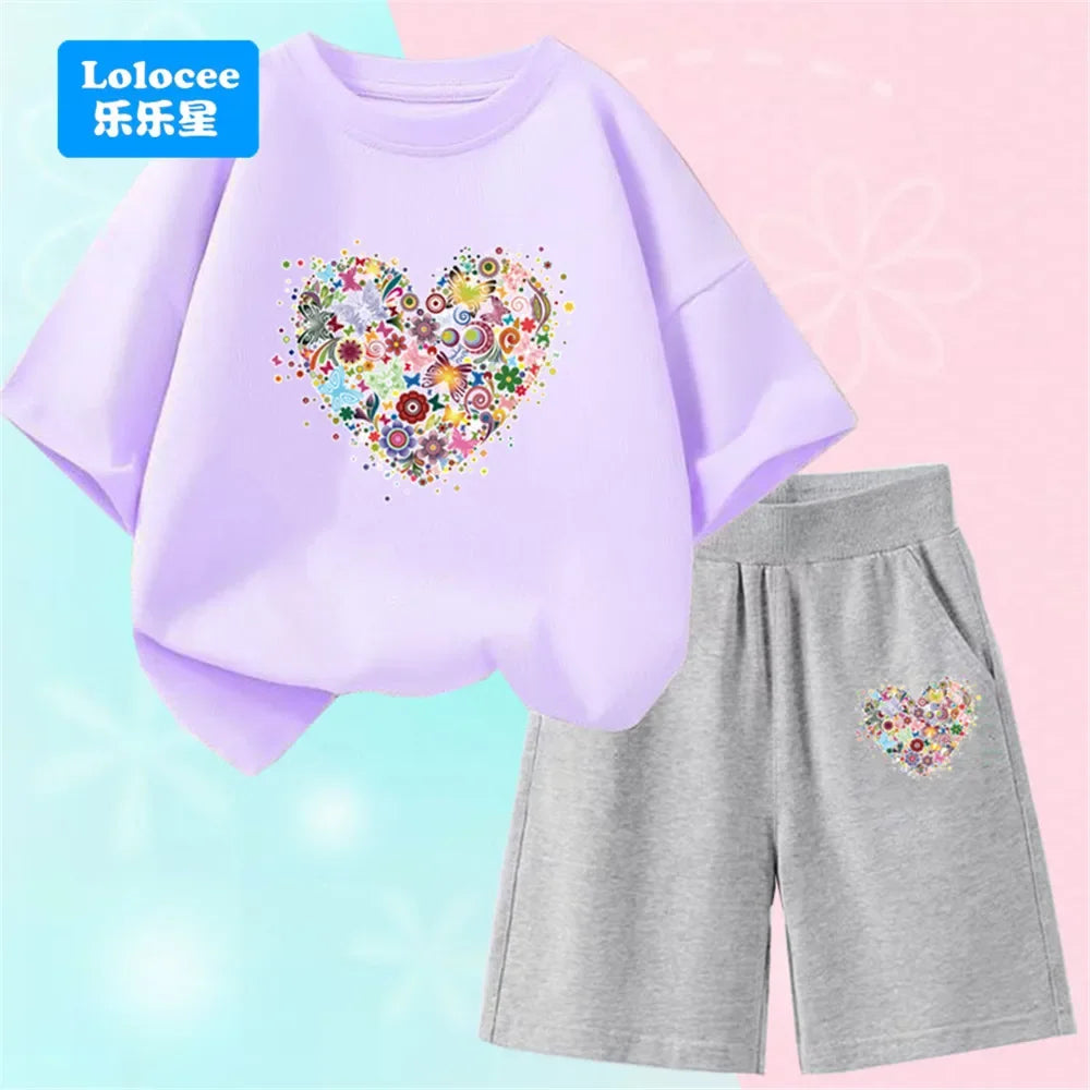Girls Bow Cat Print T-Shirt &amp; Shorts Set | 2-Piece Summer Outfit | Ages 3–14