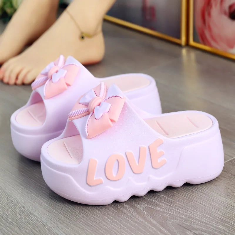 White Pink Bow-knot Slippers Woman High Platform EVA Slides