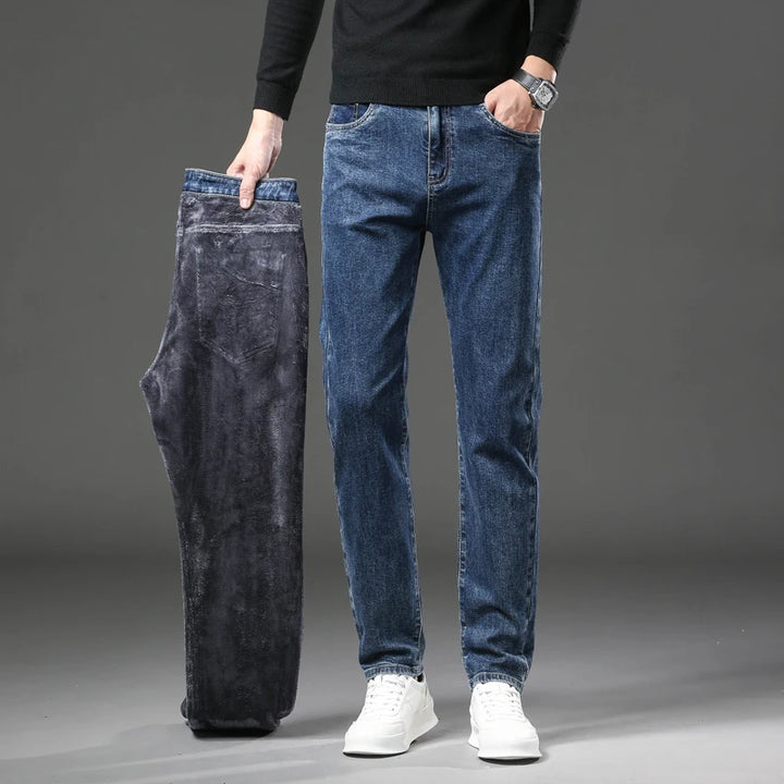 Warm Jeans Men's Slim Straight Elastic Denim Pants
