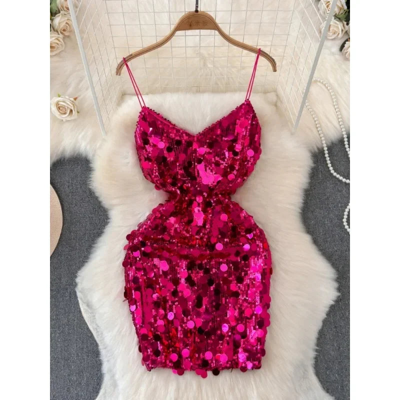 Sequin Spaghetti Strap Backless Mini Dress