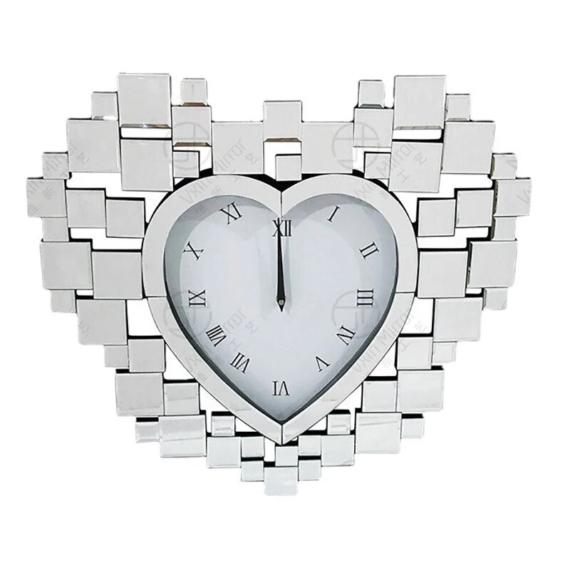 Luxury Mirror Wall Clocks Modern Living Room Silent Love Heart Shape Crystal Glass Wall Clock Big Size Home Decoration Design-Arlik interiors