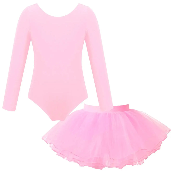 Girl Ballet Dance Leotard Long Sleeve Gymnastics Leotard+Tulle Tutu Skirt Outfit Kid Dance Training Workout Performance Bodysuit-Bennys Beauty World