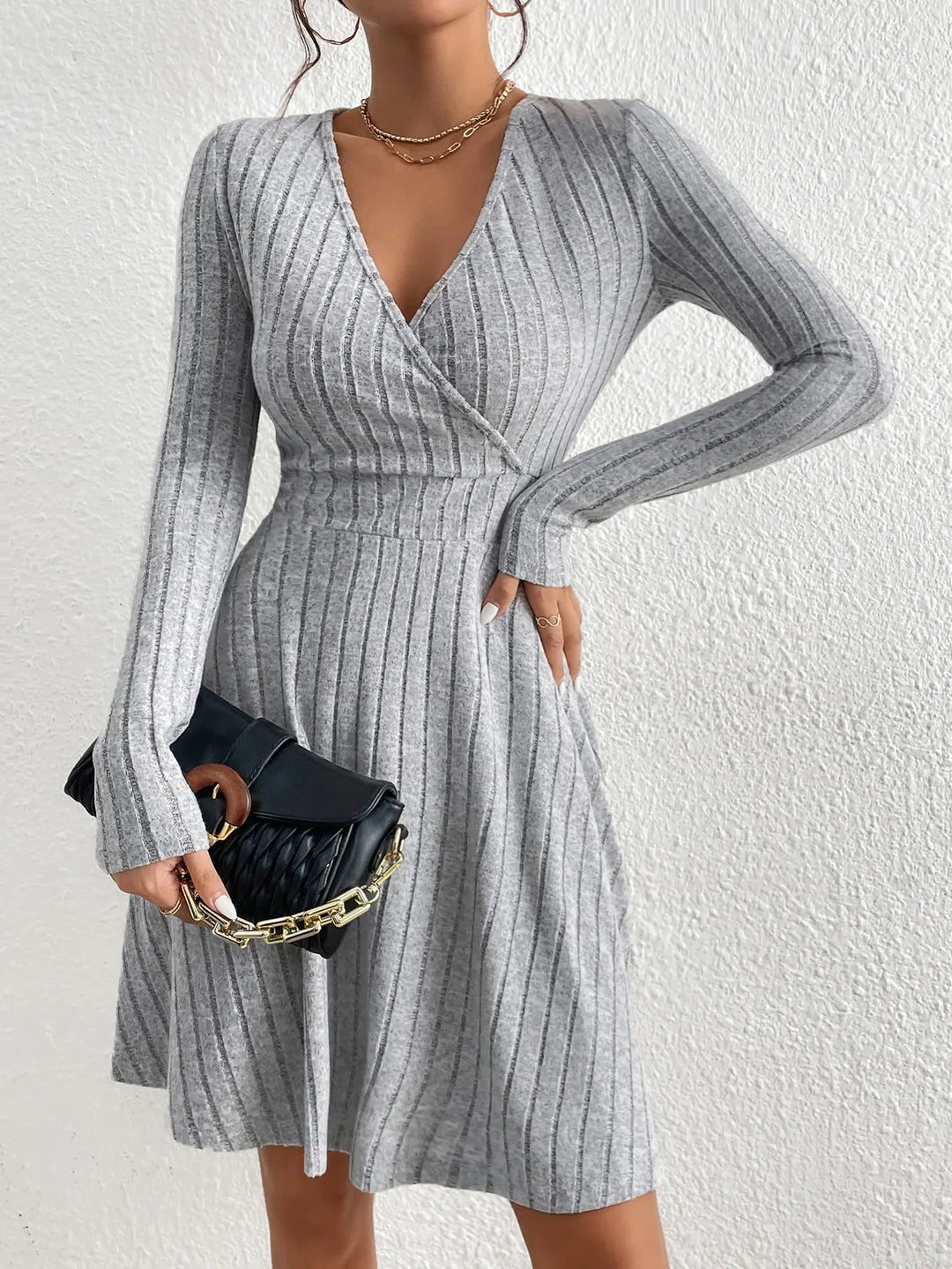 Women's Knit Bodycon Dress V-Neck Long Sleeve Dress