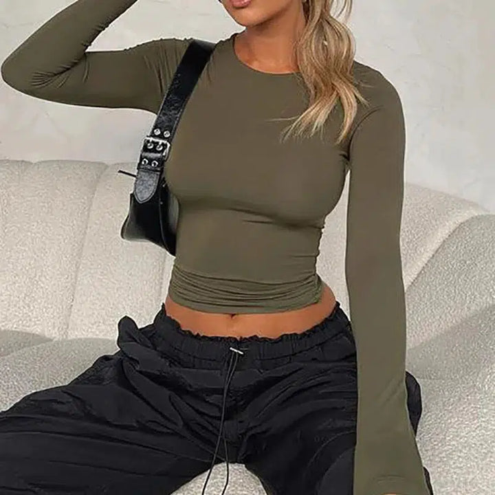 Long Sleeve T-Shirts Fot Women O-Neck Causal Solid Crop Tops-blouse-Bennys Beauty World