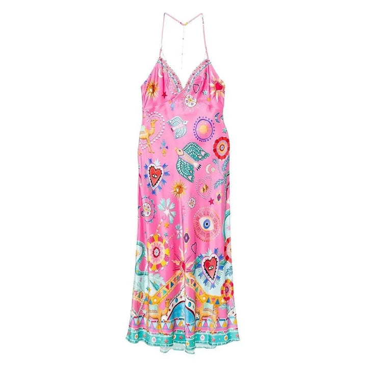 Women Elegant Satin Floral Beach Vacation Dress-Dresses-Bennys Beauty World
