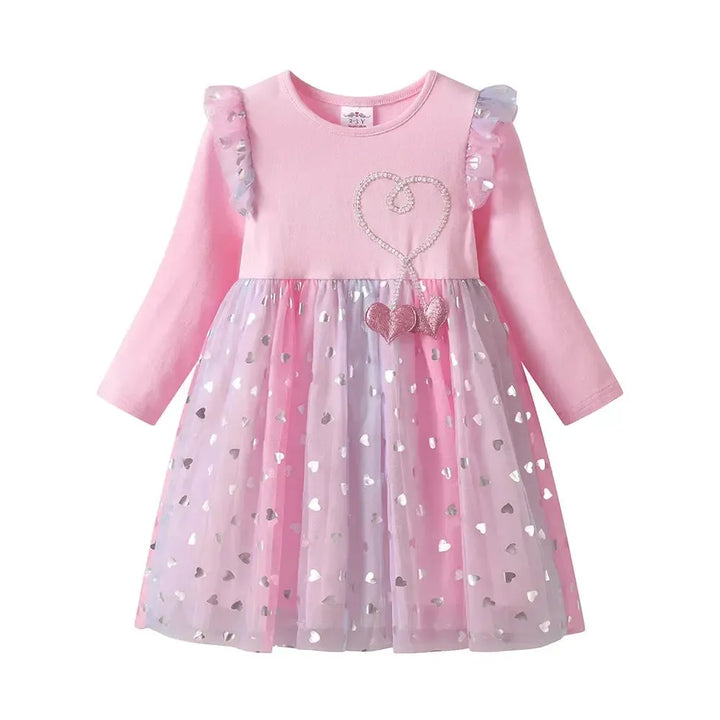 VIKITA Girl Flare Sleeve Autumn Spring Pink Dress Kids Heart Shape Mesh Tulle Princess Party Casual Cute Fashion Gradient Frocks-Bennys Beauty World