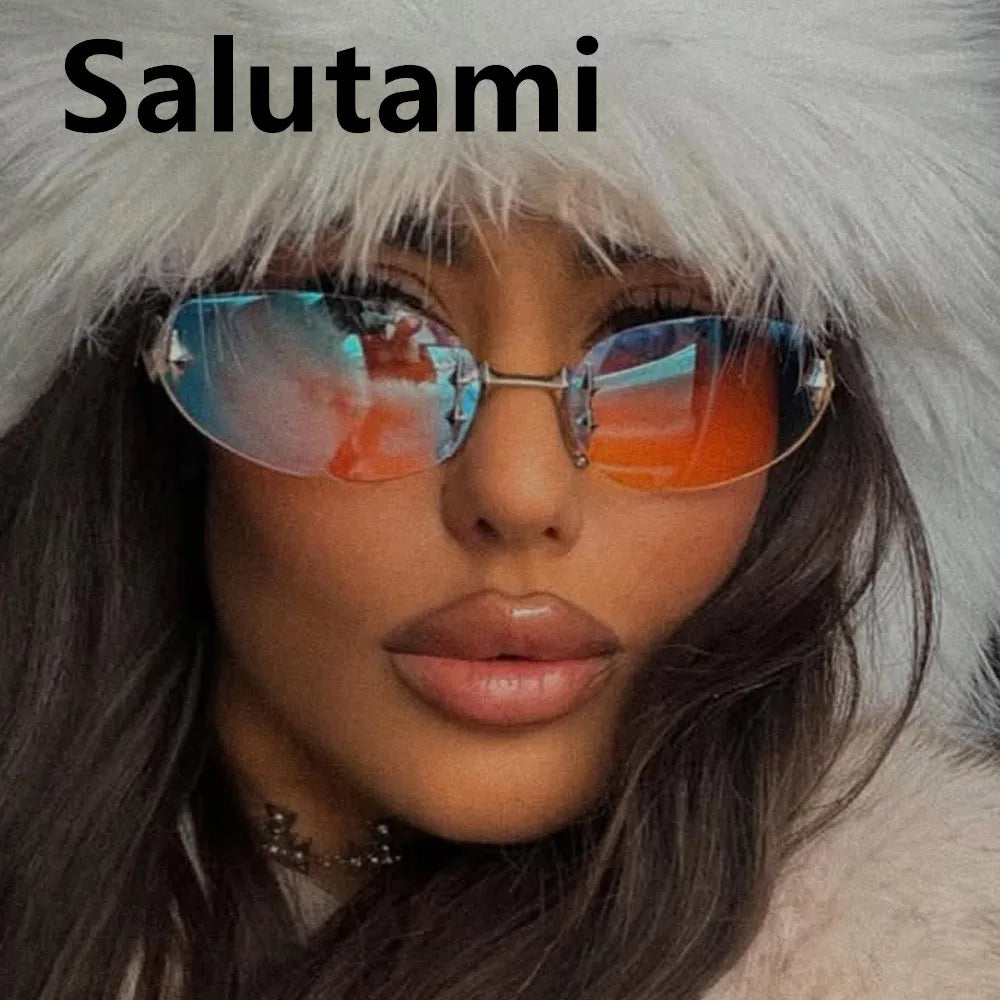 Rimless Oval Y2K Sunglasses | Gradient Photochromic UV400 Eyewear