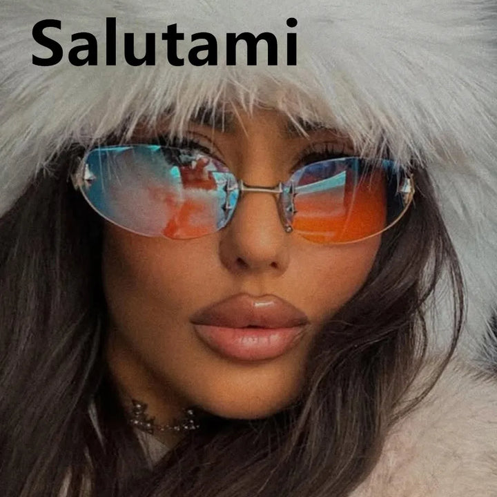 Rimless Oval Y2K Sunglasses | Gradient Photochromic UV400 Eyewear