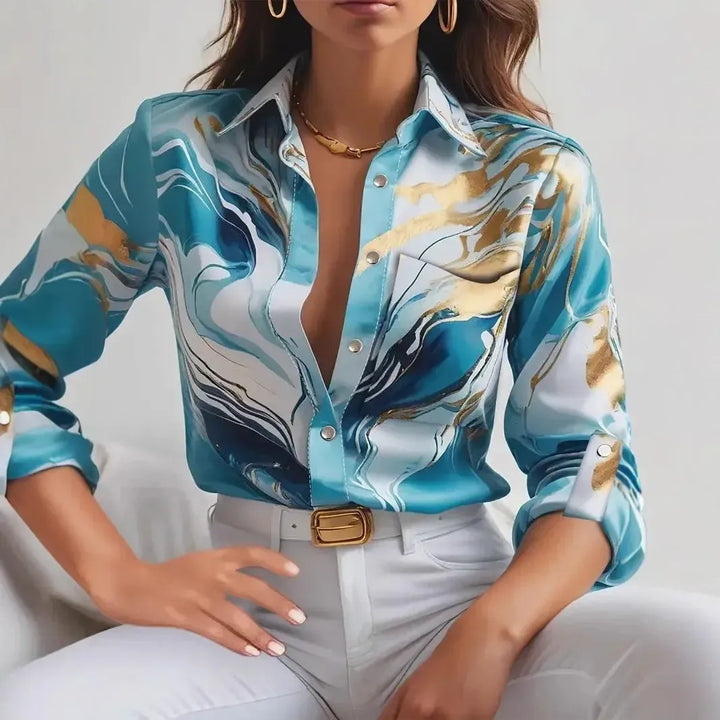 Women’s Printed Button-Up Shirt – Long Sleeve Loose Fit Korean Blouse-Shirt-Bennys Beauty World