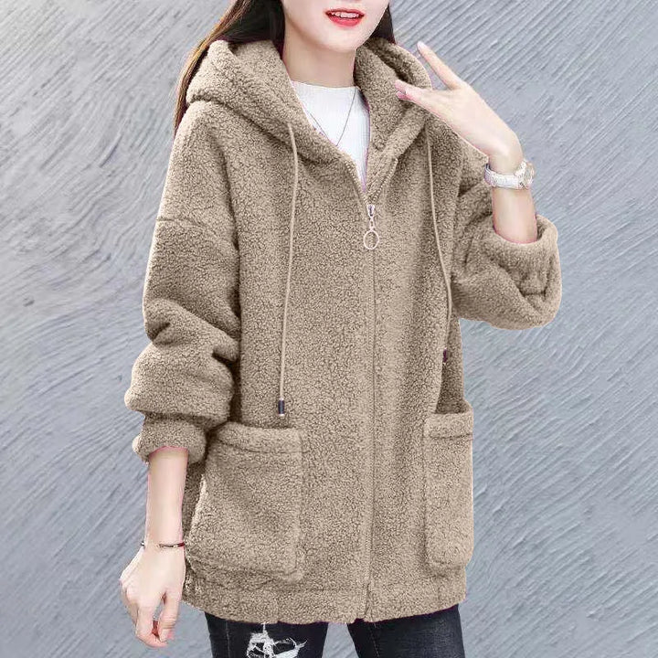 Women's Hooded Coat Chic Fleece Thick Solid Color Coat with Pockets