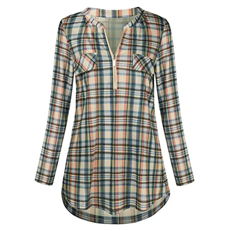 Womens Casual Rolled Sleeve Blouse Sexy Zipped V-neck Plaid Tunic Tops Spring Autumn 2022 Fashion Blouses And Shirts Chemise-Bennys Beauty World