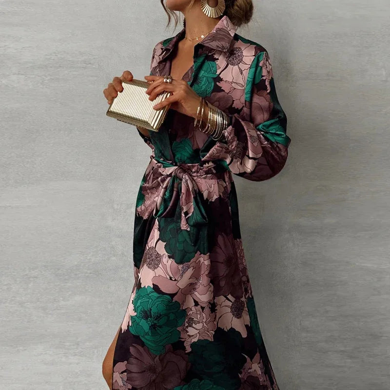 Ladies Fashion Printed V-neck Office Dress-Dresses-Bennys Beauty World