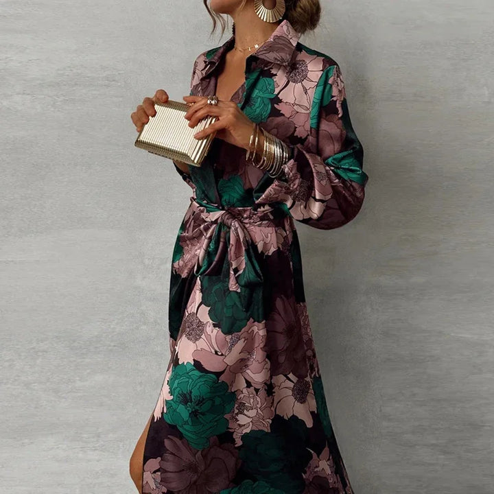Ladies Fashion Printed V-neck Office Dress-Dresses-Bennys Beauty World