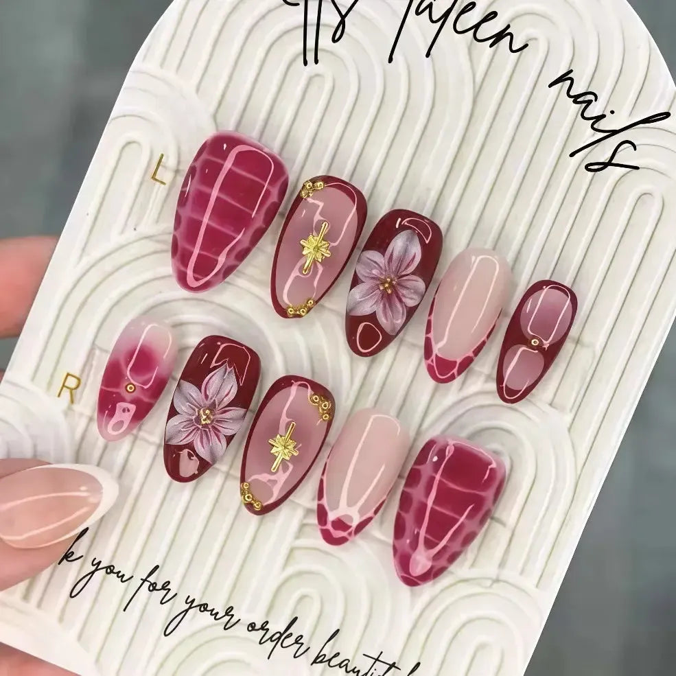 Gradient Pink Almond Press-On Nails – 24 Pcs Flower &amp; Pearl Design False Nails-Nails-Bennys Beauty World