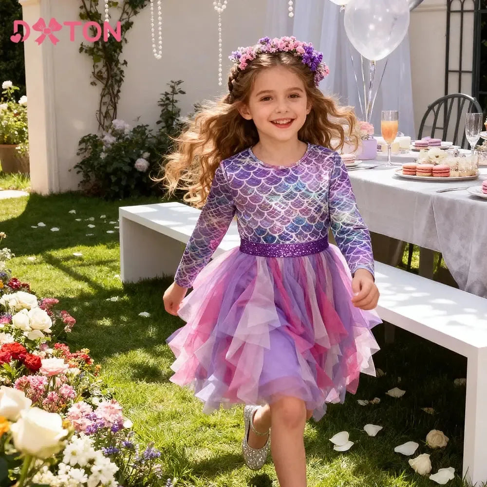 DXTON Girls Long Sleeve Princess Party Dress – Mermaid Cartoon Tiered Layered Dress for Kids Ages 3–12-Baby & Toddler Dresses-Bennys Beauty World
