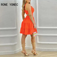 Women Elegant Sleeveless Criss Cross Midriff Mini A- Line Cascading Ruffles Dress-Bennys Beauty World