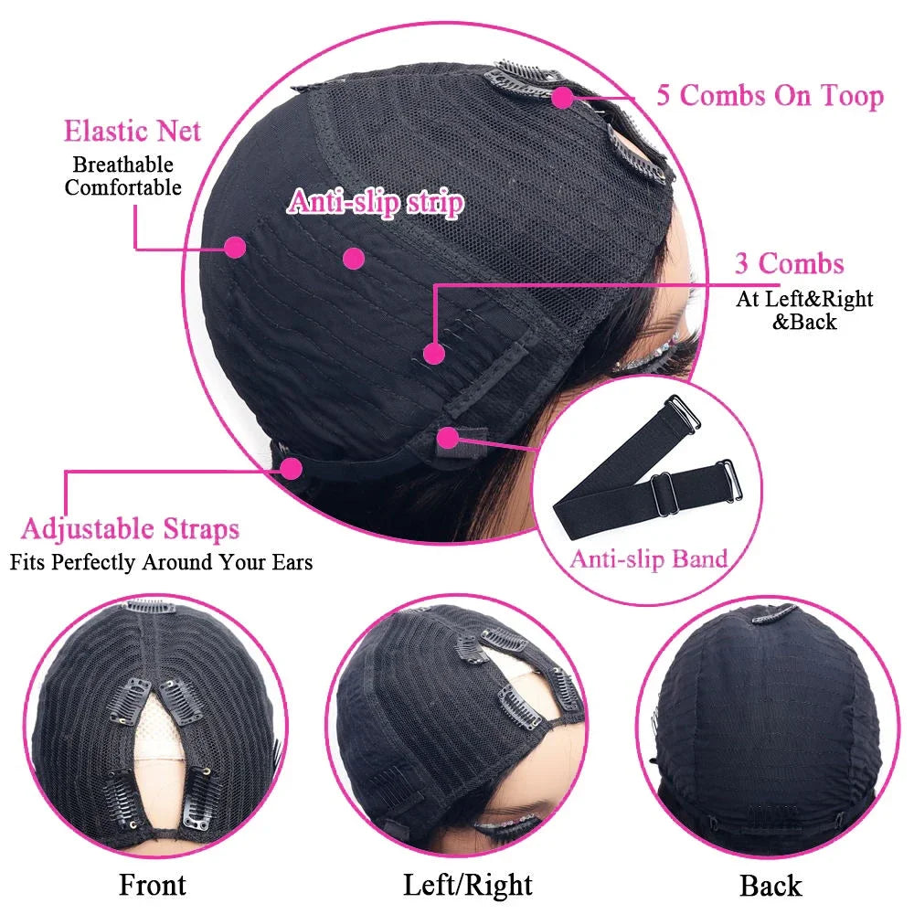 V Part Straight Human Hair Wig — Glueless Remy Brazilian, No Leave Out