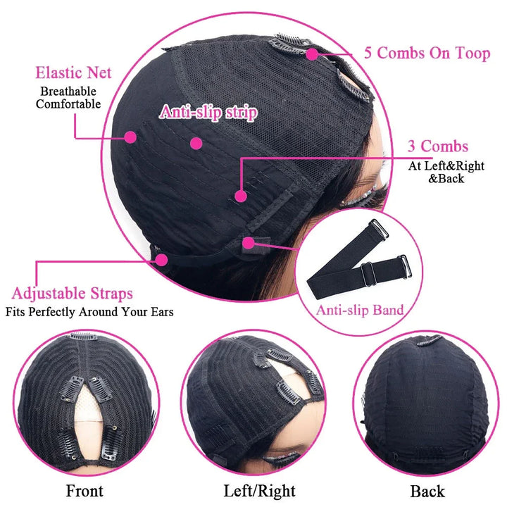V Part Straight Human Hair Wig — Glueless Remy Brazilian, No Leave Out