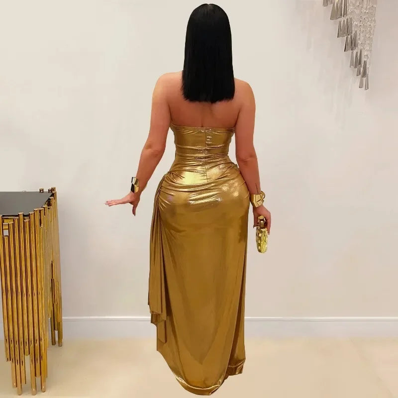 Gold Metallic Halter Backless Ruched Maxi Dress