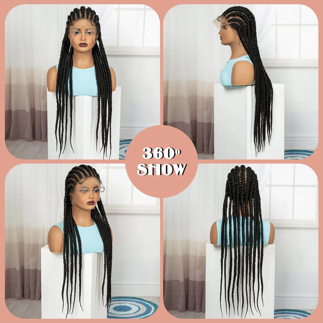 32" Cornrow Braided Wig – Synthetic Full Lace Knotless Frontal Braid Wig with Baby Hair