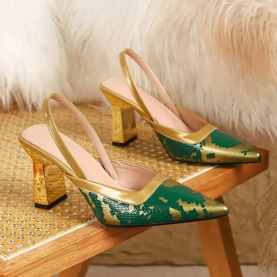 Women's Feather-Trim Patent Leather Square Heel Pumps-Shoes-Bennys Beauty World