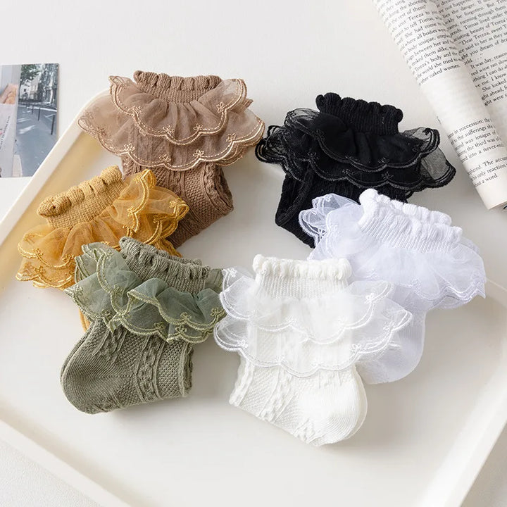 Girls Ruffle Lace Cotton Socks | 3 Pairs | Ages 1–10
