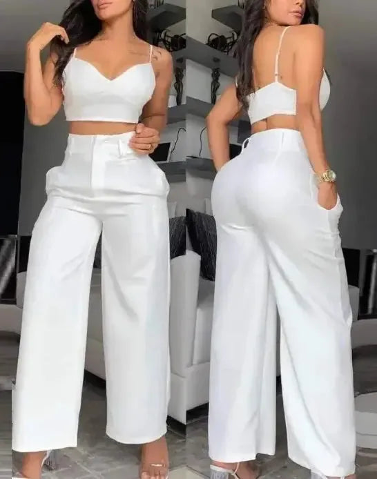 Women's Fashion Solid 2 Piece Sets Sexy V Neck Spaghetti Strap Short Tops-Outfit Set-Bennys Beauty World