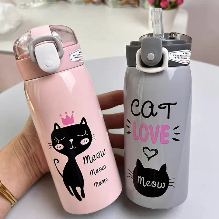 500ml Cartoon Cat Stainless Steel Thermal Flask With Straw